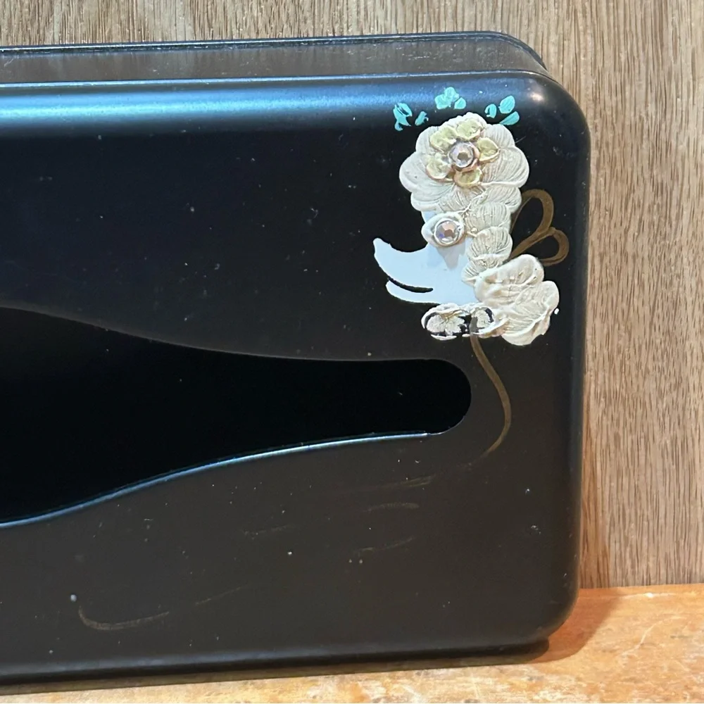 Vintage Ransburg Black Metal Tissue Box Holder French Painted Poodle Rhinestones